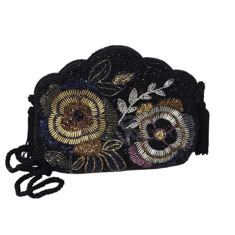 Vintage Floral Beaded Tassel Crossbody Purse Handbag